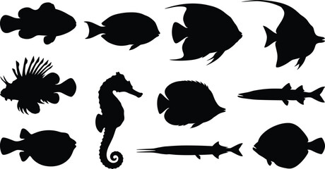 Tropical reef fish and marine life black silhouette icons set featuring angelfish seahorse lionfish pufferfish butterflyfish clownfish tang and predator ocean vector graphics  © MstMonjila