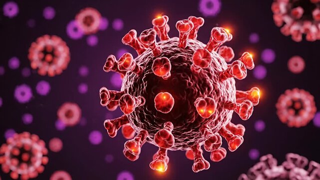 Microscopic view of red coronavirus cells on dark background.