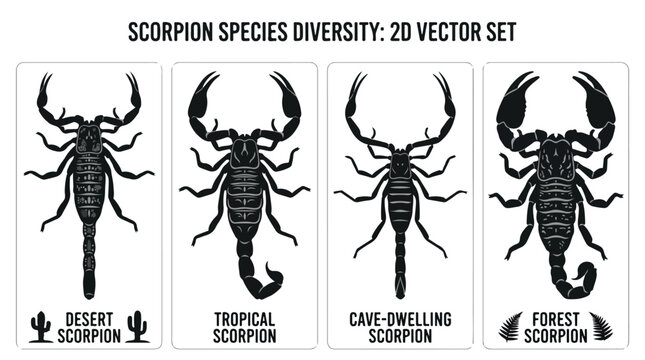 Diverse scorpion species illustrations including desert, tropical, cave-dwelling, and forest scorpions