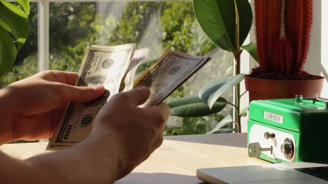 Finance man unrecognizable counting dollars showing personal investments and cash savings concept in 4K Ultra HD footage.

