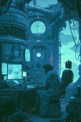 Fototapeta premium A dreamlike, sci‑fi observatory workspace bathed in turquoise lighting, where a lone technician sits at a console surrounded by glass screens and retrofuturistic control panels. A circular hatch and