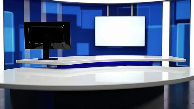 Modern blue virtual news studio set with empty desk.