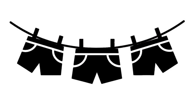 Minimal black silhouette icon, simple flat vector, bold black shape, no gradients, no shading shorts hanging on a clothesline on a, flat icon style
