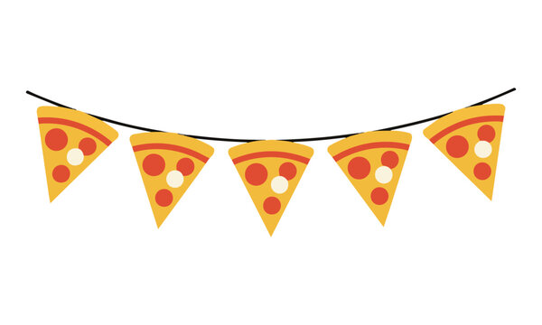 Festive bunting garland featuring triangular pizza slice decorations hanging from a thin string on a clean white background, food party celebration concept