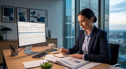 Fototapeta premium Businesswoman working at desk with computer and papers