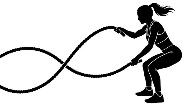 Solid black vector silhouettes of a woman using battle ropes in a half-squat position, creating waves with the ropes; isolated on a pure white, transparent background.