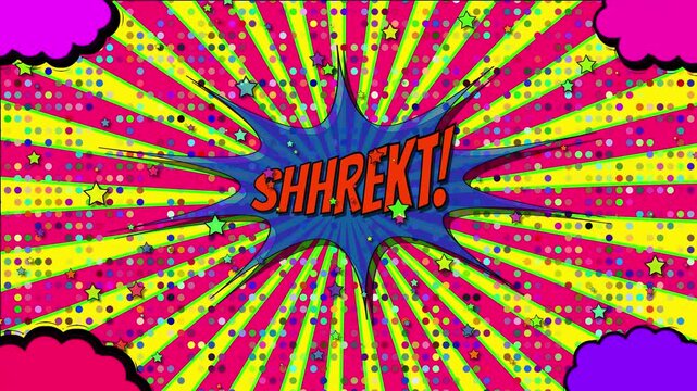 Vibrant Retro Pop Art Comic Book Background Animation With A Central Blue Starburst Explosion Displaying The Text Shhrekt In Bold Orange, Set Against Neon Pink And Yellow Sunburst Rays, Halftone Dots,