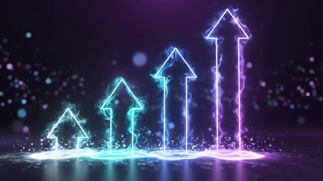 Neon upward arrows glowing on reflective floor with particles.