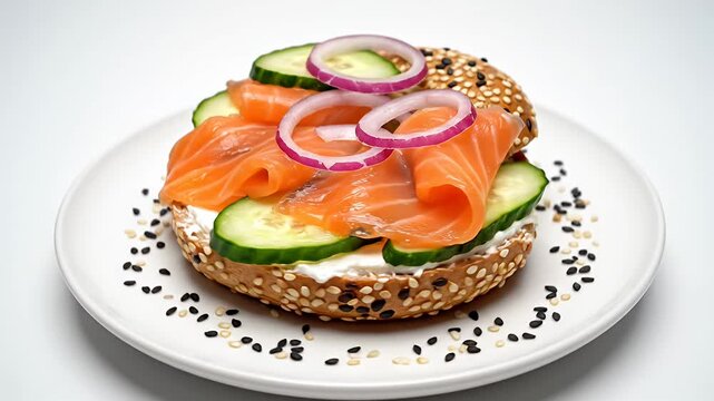 Open-faced salmon bagel with cream cheese and cucumber.