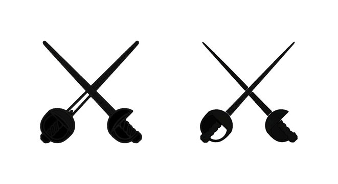 Minimal black silhouette icon, simple flat vector, bold black shape, no gradients, no shading two pairs of crossed swords silhouettes on a, flat icon style