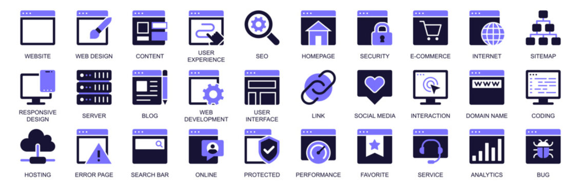 Website icon set in duotone solid icons web design. Pack pictograms of layout template, content, user experience, seo, homepage, security, e-commerce, internet, sitemap, more. Vector illustration.