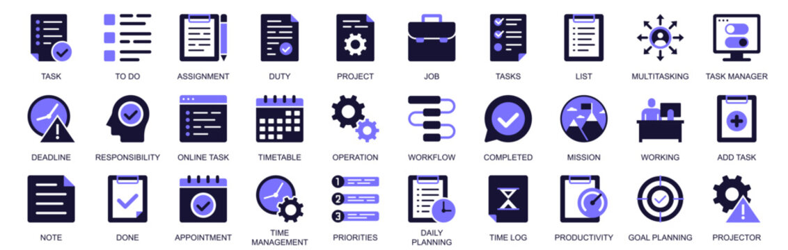 Task management icon set in duotone solid icons web design. Pack pictograms of to do list, assignment, project, job, schedule, multitasking, deadline, timetable, workflow, more. Vector illustration.