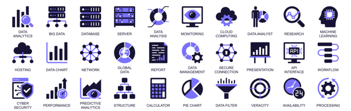 Data analytics icon set in duotone solid icons web design. Pack pictograms of database, server, analysis, monitoring, cloud computing, analyst, research, machine learning, more. Vector illustration.