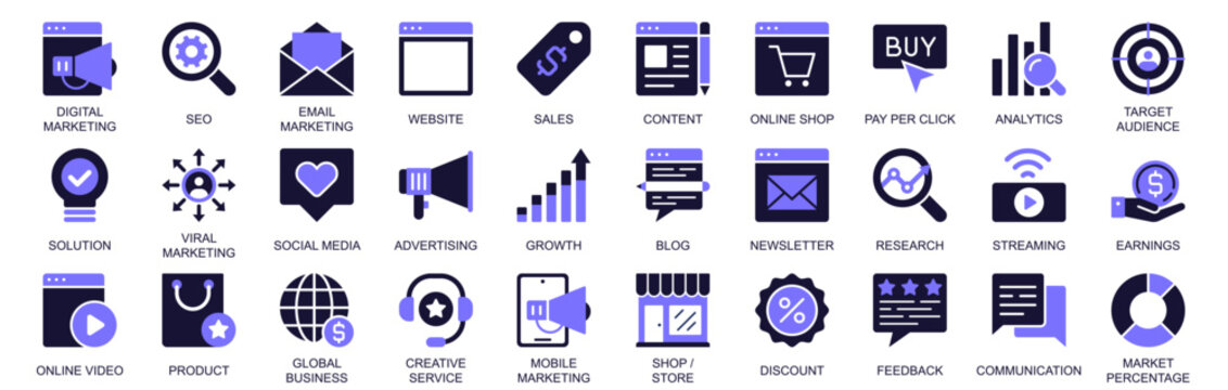 Digital marketing icon set in duotone solid icons web design. Pack pictograms of seo, email, sales, content, online shop, pay per click, target, social media, advertising, more. Vector illustration.