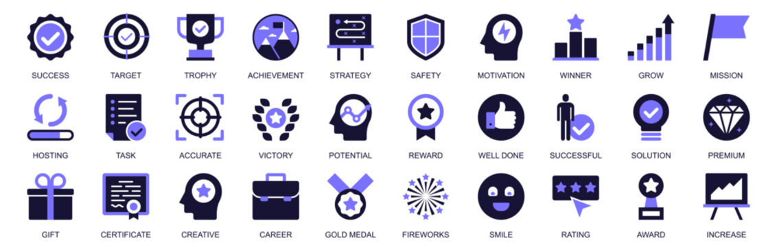 Success icon set in duotone solid icons web design. Pack pictograms of target, trophy, achievement, strategy, safety, motivation, winner, grow, mission, accurate, reward, more. Vector illustration.