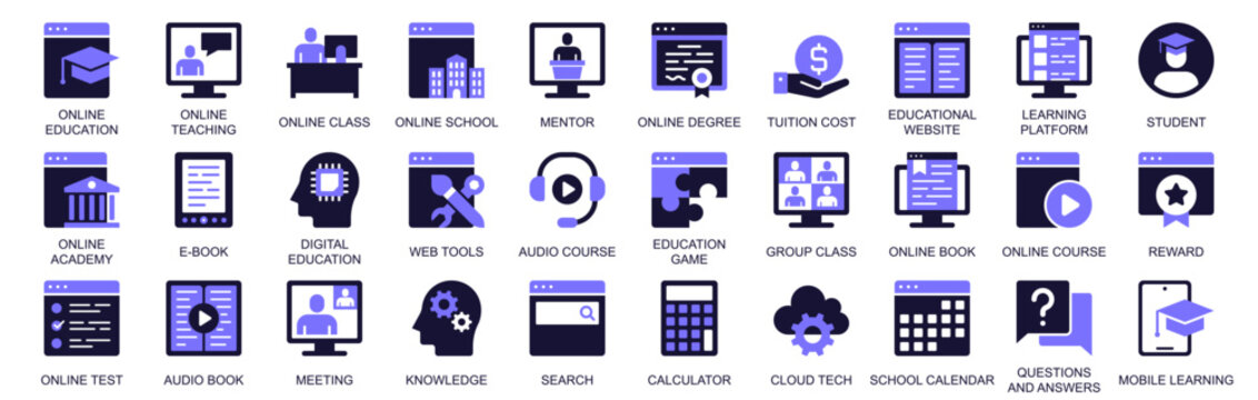 Online education icon set in duotone solid icons web design. Pack pictograms of teaching, class, school, mentor, degree, tuition, learning platform, student, academy, book, more. Vector illustration.