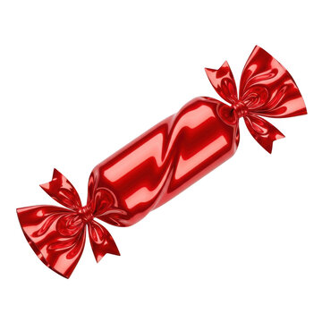 A single red candy wrapped in shiny foil paper twisted at the ends for a festive holiday treat design isolated on transparent background