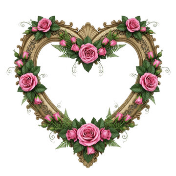 Beautiful vintage gold heart shaped picture frame decorated with pink roses and green leaves for decor isolated on transparent background