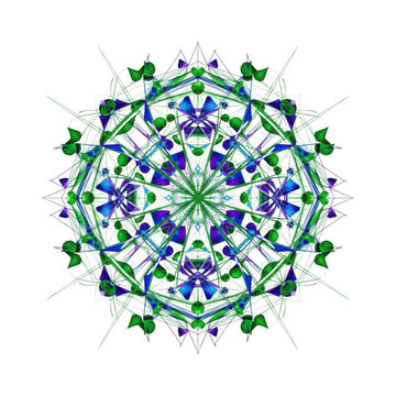 Colorful circular mandala pattern with green and blue geometric shapes and symmetrical floral design isolated on transparent background