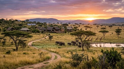 Naklejka premium Luxury African Safari Camp and Wildlife at Sunset Savanna Landscape