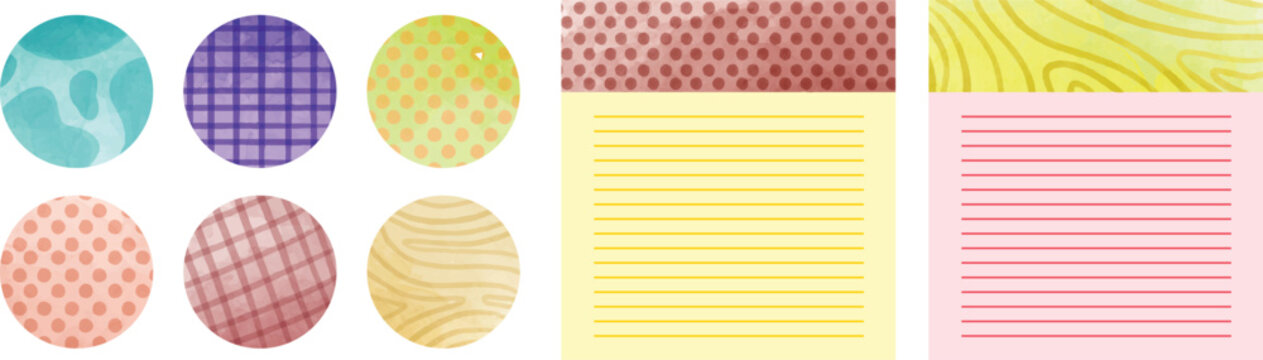 Creative stationery design kit containing patterned circular stickers and colorful lined memo note templates in pastel colors.