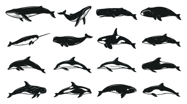 Collection of various whale and dolphin silhouettes on white background