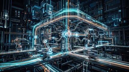 Fototapeta premium High-Tech Futuristic Automated Industrial Factory Assembly Floor