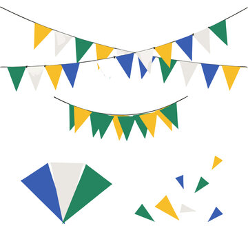 Decorative bunting flags in green, yellow, and blue colors, forming a festive display for celebrations.