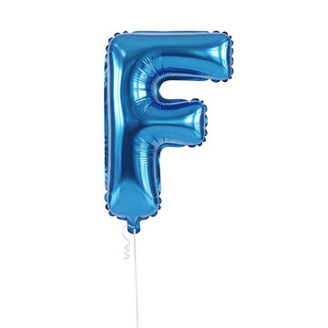 Shiny blue letter f balloon made of metallic foil for birthday party decoration and event celebration isolated on transparent background