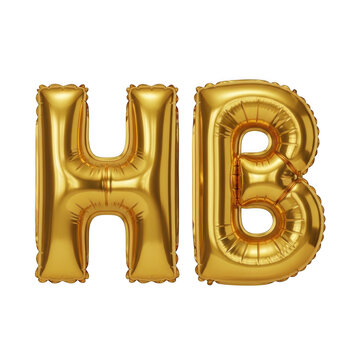 Shiny gold foil balloon letters h and b representing happy birthday celebration for party decoration isolated on transparent background