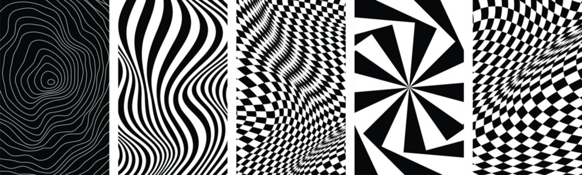 Monochrome abstract vertical banner collection displaying hypnotic optical illusions, wavy lines, distorted grids, and warped checkerboard patterns in black and white.