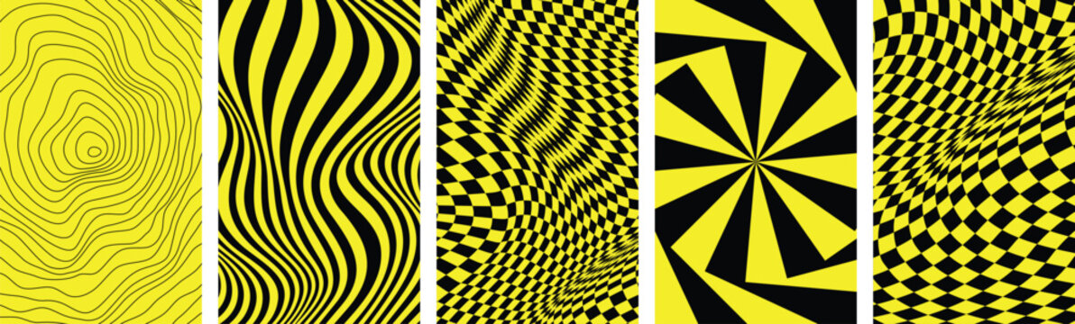 Collection of vibrant yellow and black abstract banners featuring hypnotic optical illusions, wavy lines, and warped checkerboard patterns.