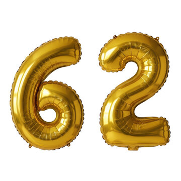 Shiny golden number sixty two balloon for a birthday party celebration or a wedding anniversary event isolated on transparent background