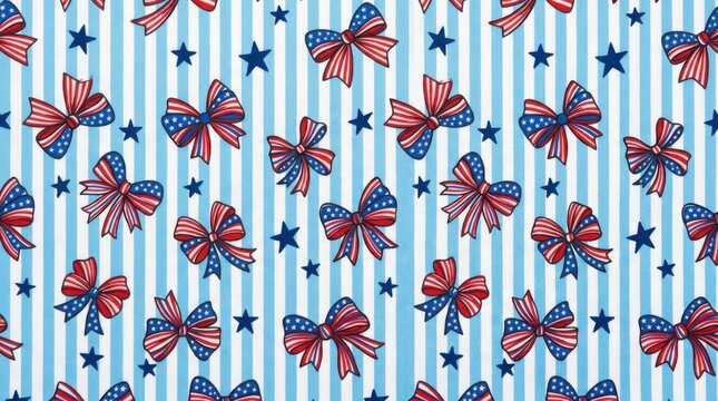 Patriotic american flag bow and star pattern on light blue striped background