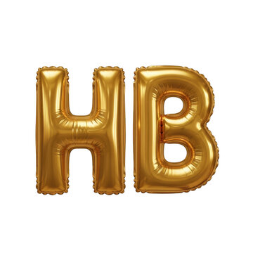 Shiny metallic golden foil balloons shaped as letters h and b for a happy birthday party celebration isolated on transparent background