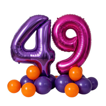 Shiny purple and pink foil balloon number 49 with a base of small orange and purple latex balloons isolated on transparent background