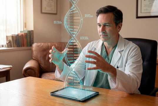 Confident male doctor presenting holographic DNA helix model in genetics research office