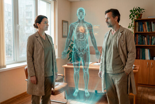 Two doctors examining full holographic human body anatomy in bright clinic office