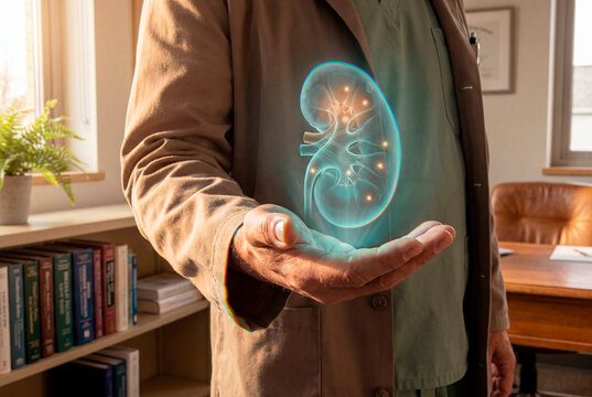 Senior doctor hand presenting glowing holographic kidney organ in clinic office