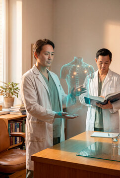 Asian doctor presenting holographic spine anatomy beside colleague reading medical book