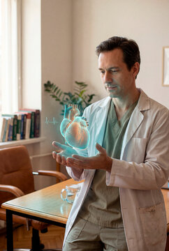 Pensive male doctor holding holographic human heart in bright clinic office interior