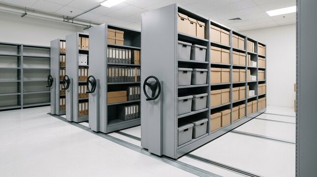 Mobile Shelving Unit on Track System in Gray Finish on White Floor &mdash; High-Density Storage Solution Interior Shot, Commercial Warehouse Stock Photo