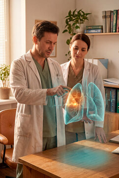 Two doctors examining holographic human lungs anatomy in modern clinic office interior
