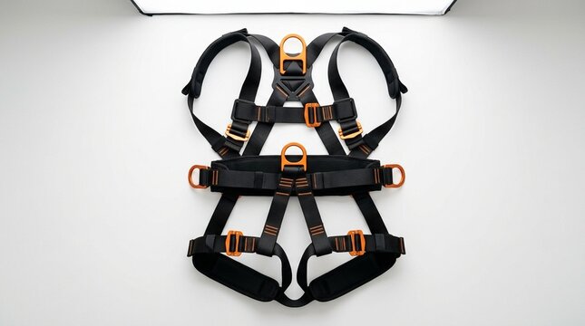 Safety Harness in Black Webbing and Orange Hardware on White Surface Flat Lay &mdash; Fall Protection PPE Equipment, Commercial Industrial Safety Stock Photo
