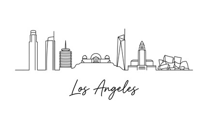 Fototapeta premium Minimalist Line Drawing of Los Angeles Skyline Featuring Iconic Buildings and Landmarks in Elegant Monochrome Style