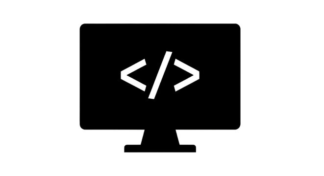Minimal black silhouette icon, simple flat vector, bold black shape, no gradients, no shading computer monitor icon with code symbol on screen on a, flat icon style