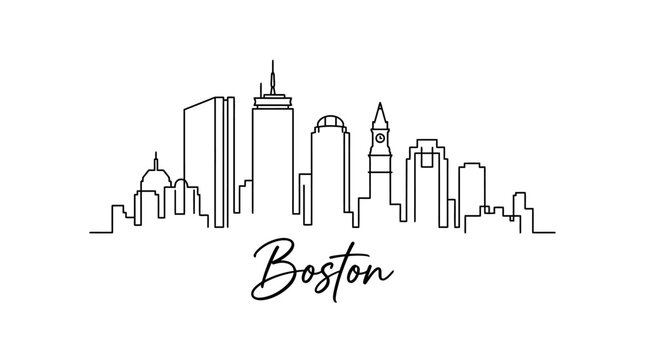 Minimalist line art representation of Boston skyline with iconic buildings and modern cityscape outlines