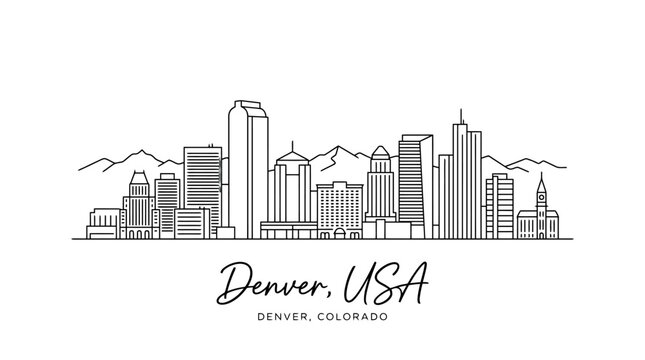 Minimalist black and white city skyline illustration representing Denver Colorado with mountain background