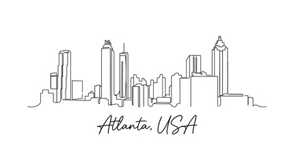 Obraz premium Minimalist Black and White Outline of Atlanta City Skyline Highlighting Diverse Architectural Elements and Urban Landscape Design
