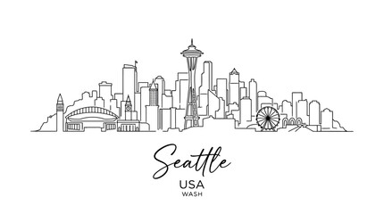 Fototapeta premium Minimalist Line Art Illustration of Seattle Skyline Featuring Iconic Landmarks and Cityscape Elements